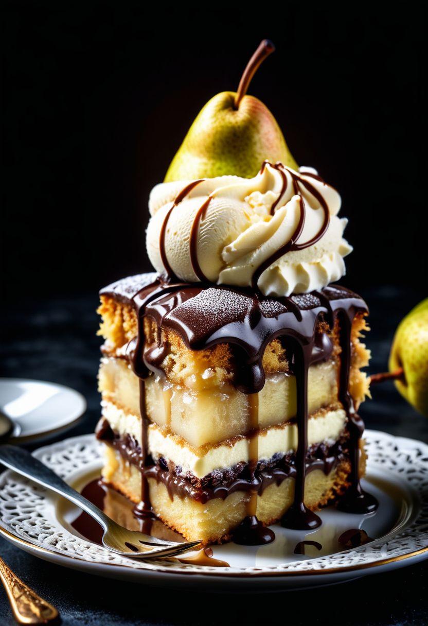 20714-448226917-pear cake, ice cream, chocolate, intricate detail , dark background , HD, 8k, Photography,.jpg